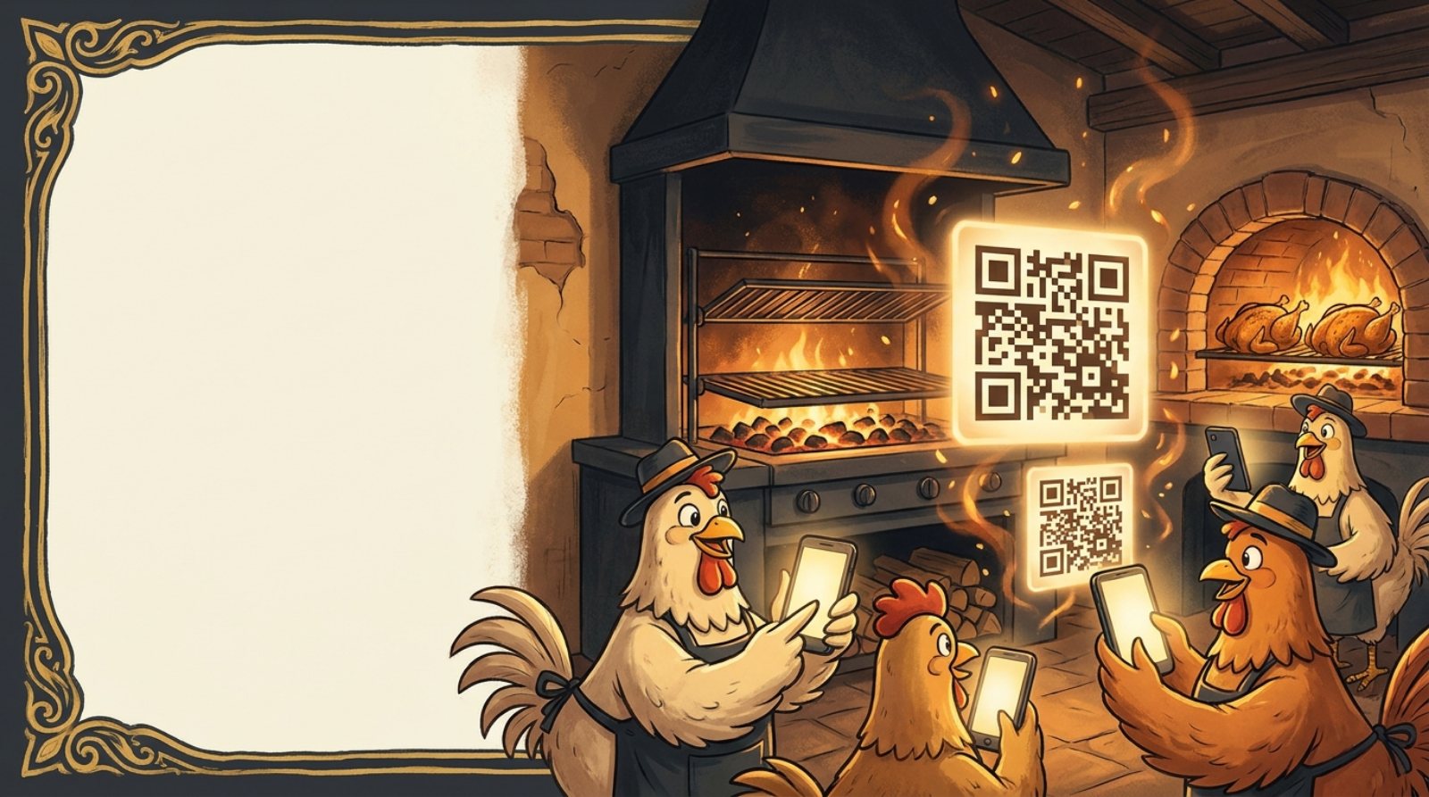 Pollos escaneando códigos QR con el móvil en el asador a la leña de La Morenica